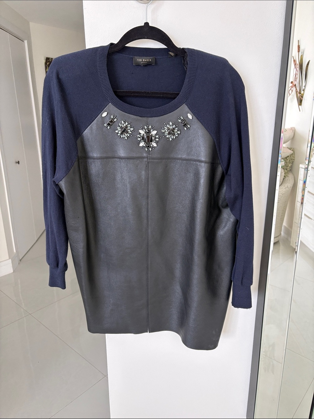 Ted Baker Navy Knit & Black Leather Embellished Sweatshirt